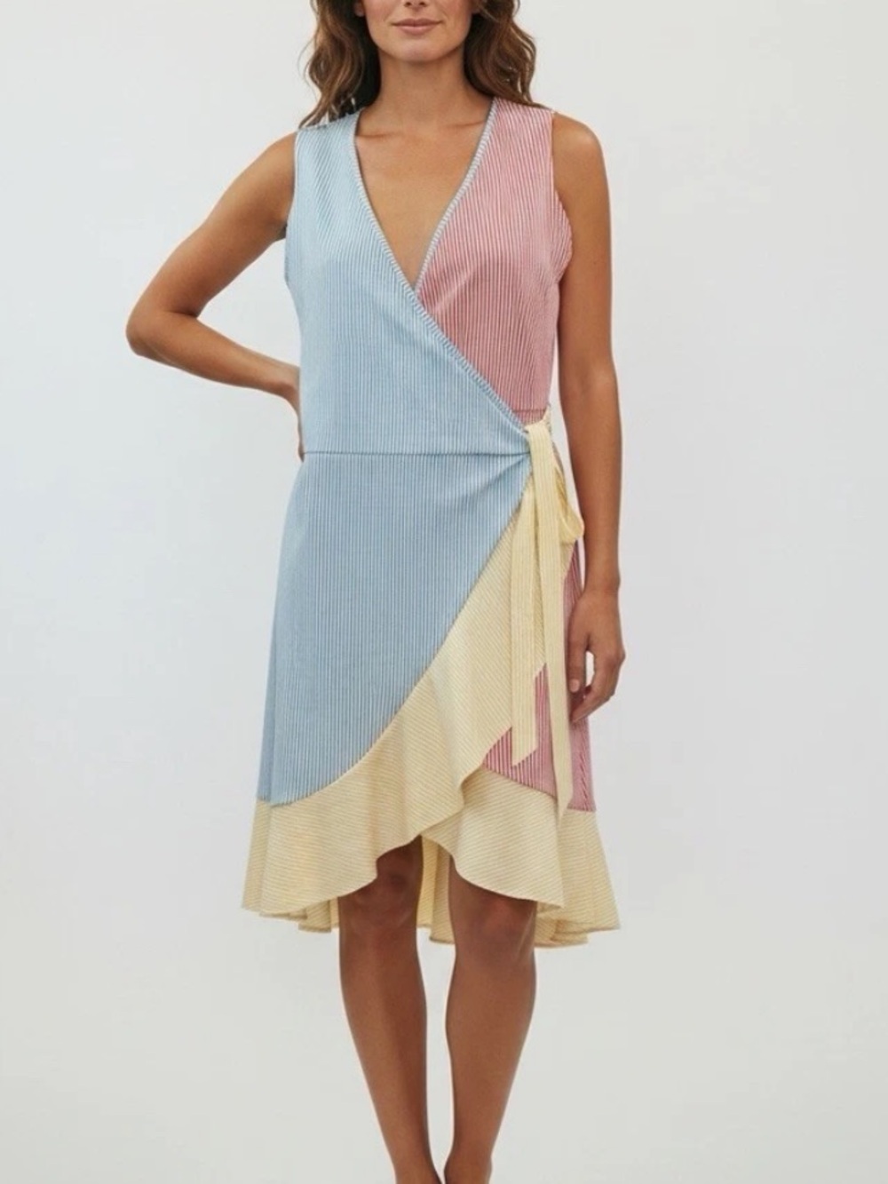 Lands’ End Women's Wrap Dress Blue Red Yellow Stripe Seersucker Size XL/18